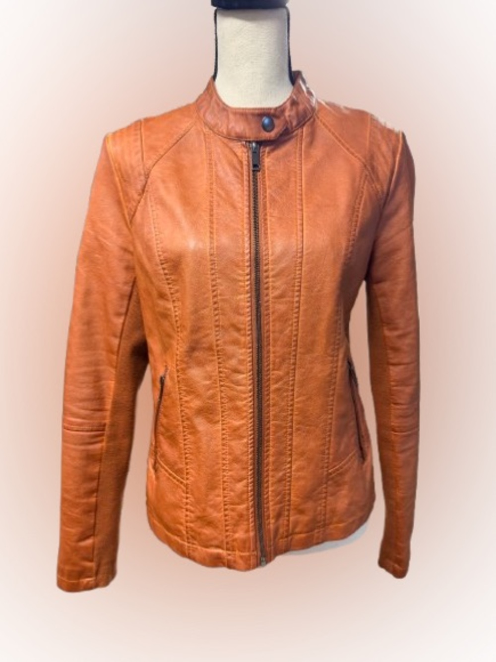 Sebby Collection Cognac Faux Leather Moto Jacket Stretch Panels Women’s M